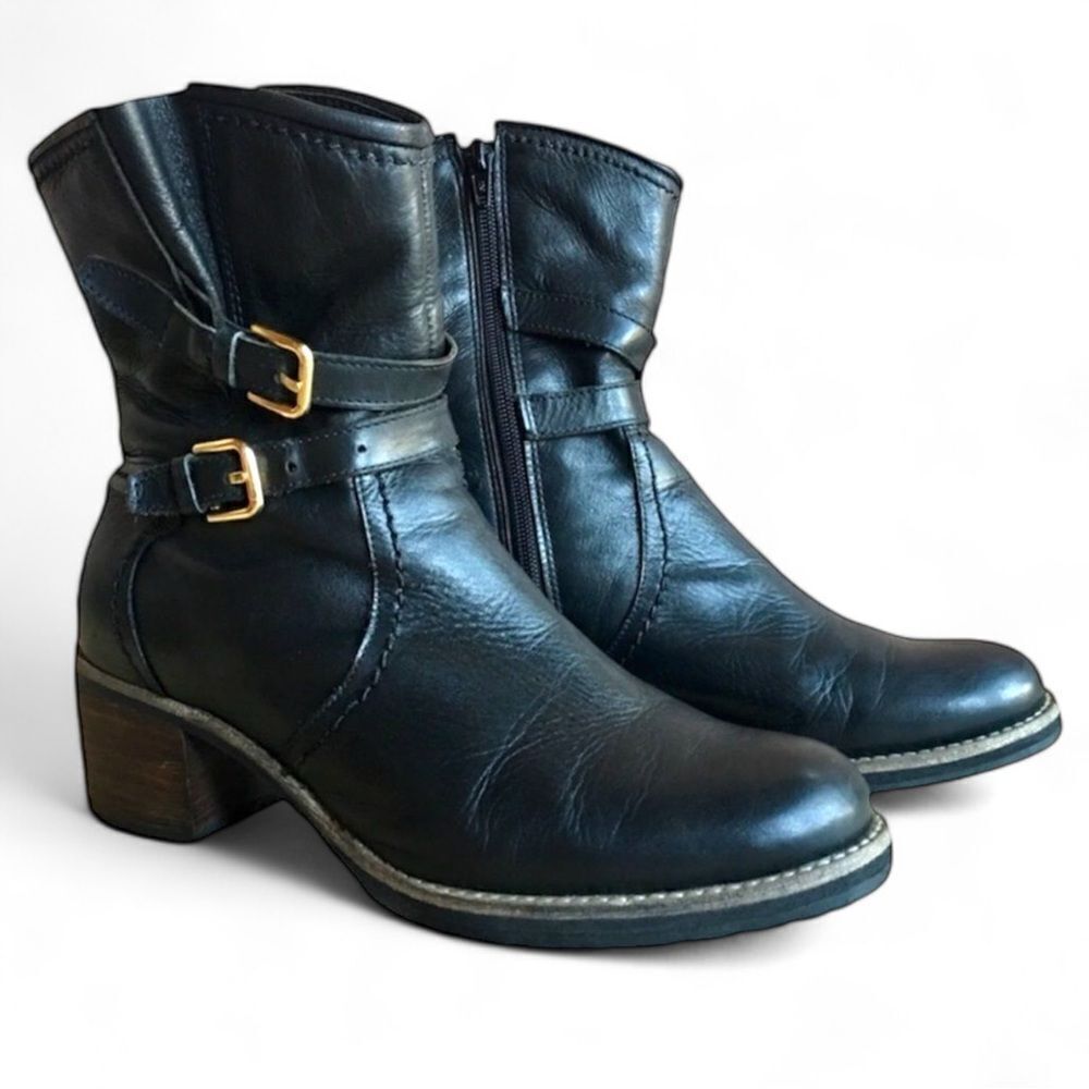 Everybody by BZ Moda Double Strap Brass Buckle Black Leather Ankle Boots